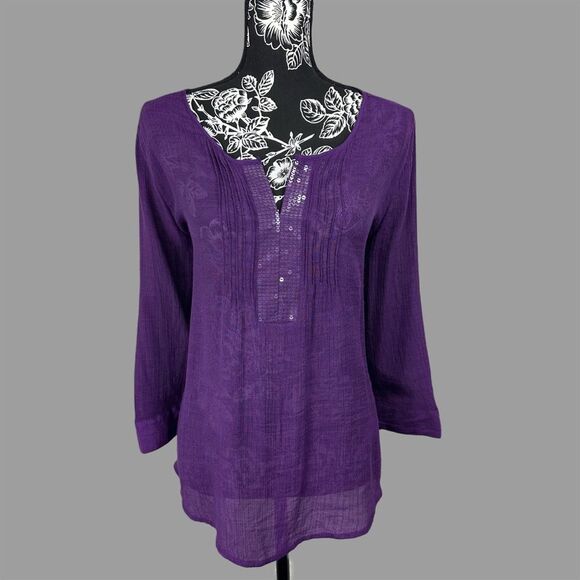 Women’s XL Lightweight 3/4 Sleeve Blouse with Sequins Embellished Open V-Neck - Picture 1 of 7